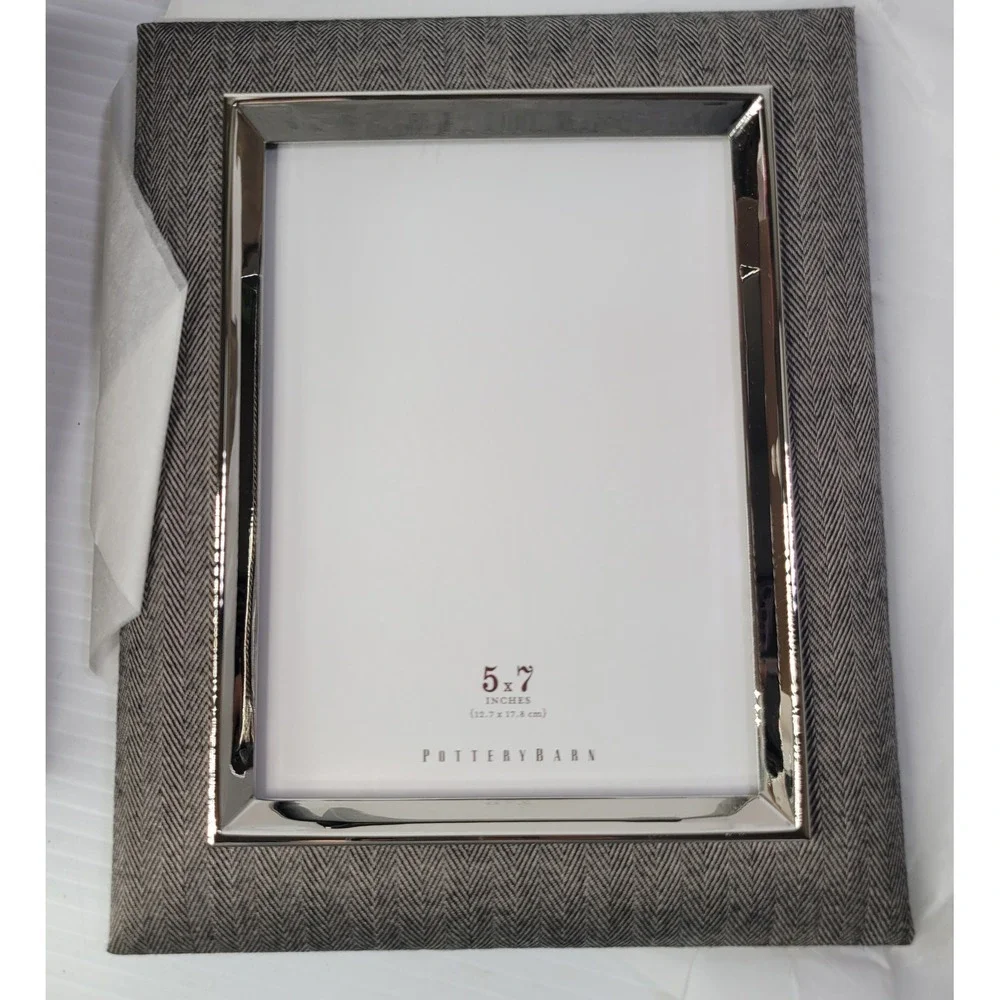 Pottery Barn Picture Frame 5x7 Herringbone Fabric Silver Trim NEW